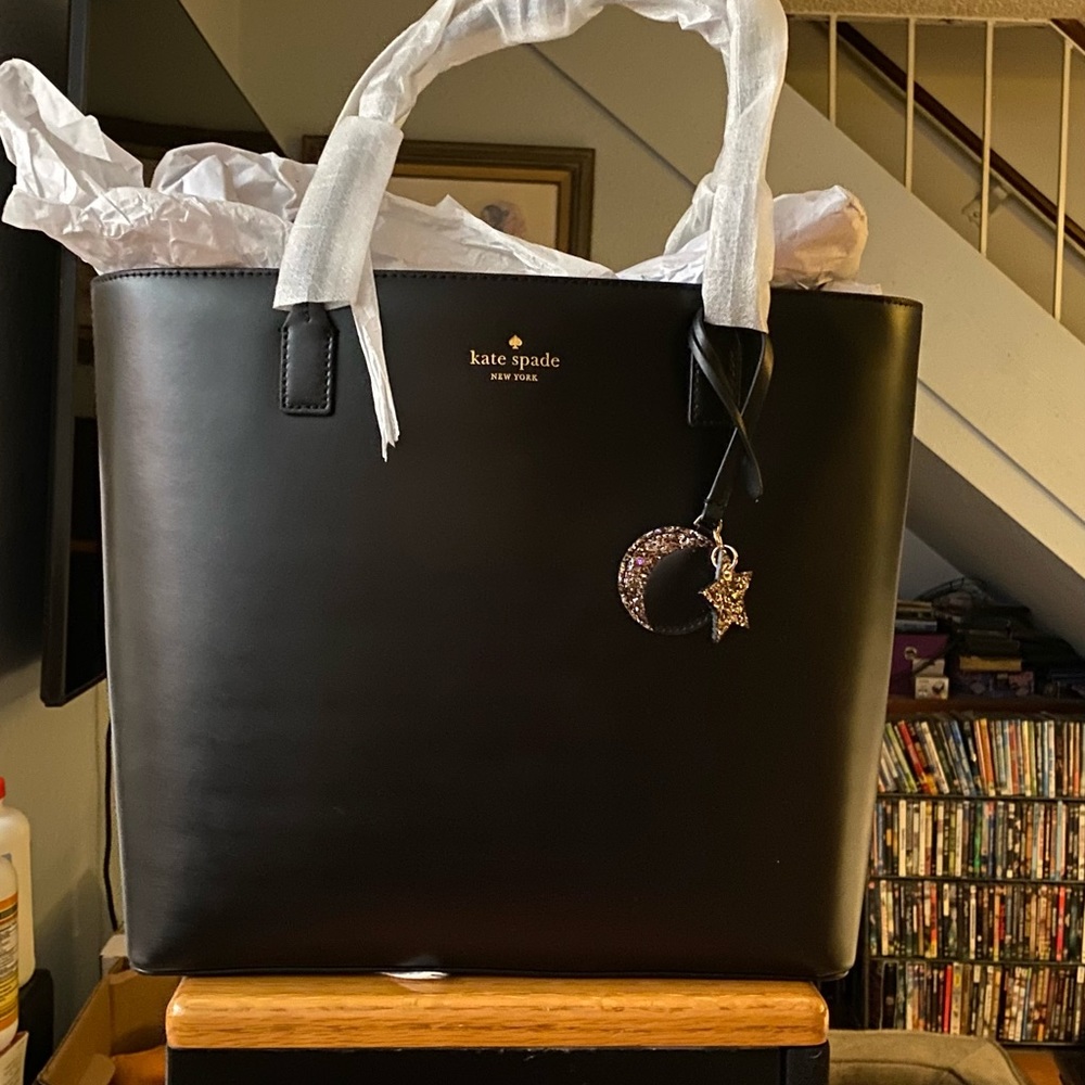 Kate Spade Kearny St Grecia Black Tote glitter star and moon fobs.NWT.